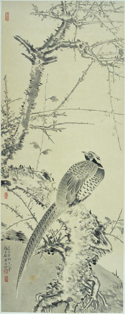寒林锦鸡 纸本设色 