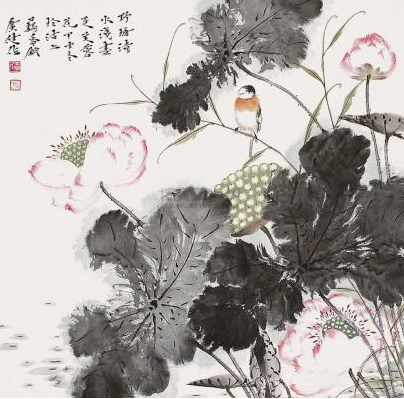  贾广健荷花翠鸟-当代国画名家作品