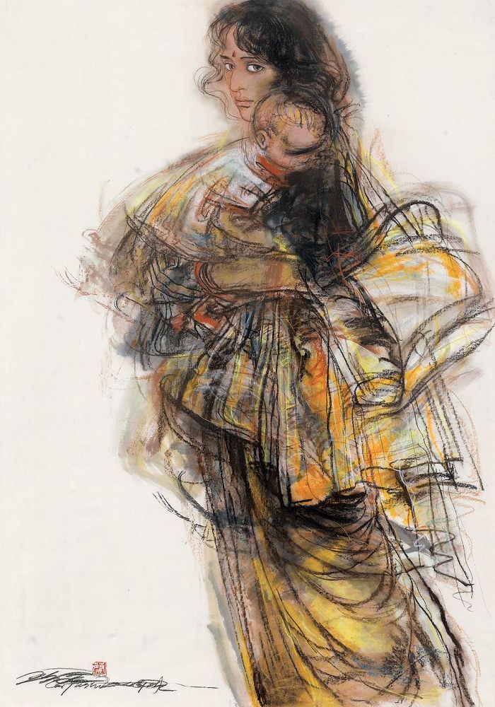 蔡玉水 2000年作 印度母女 镜框