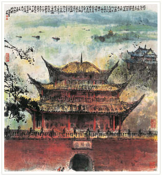 江明贤 丁亥（2007年）作 岳阳楼 镜心