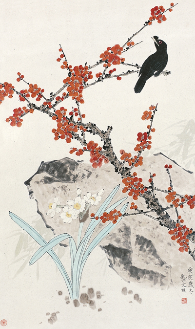 龚文桢 2000年作 梅花八哥 镜心