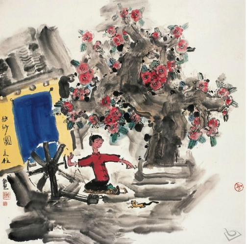 张立柱纺纱图镜心