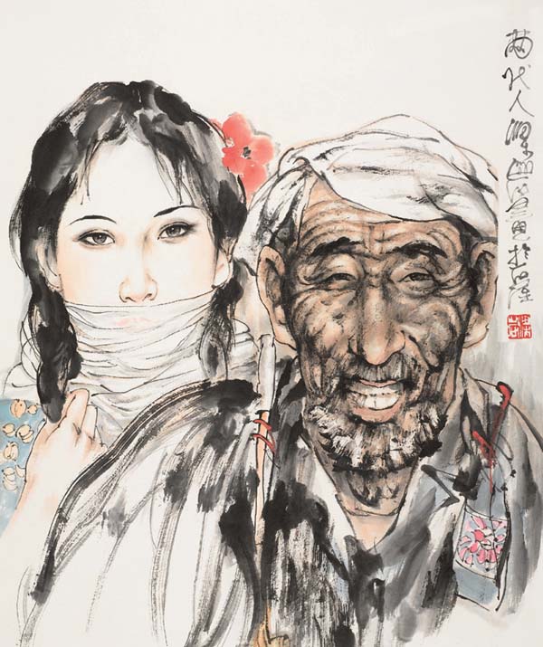 梁占岩 两代人物 镜心 