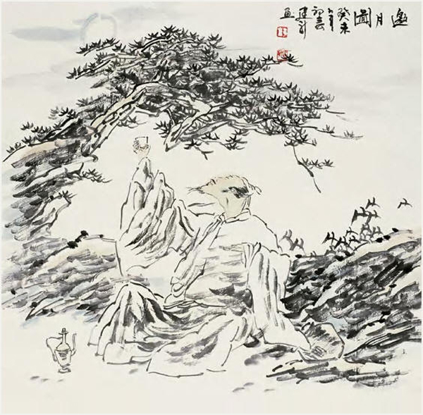 舒建新 2003年作 邀月图 镜心