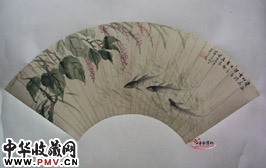 近现代吴青霞　爱鱼图（扇面）