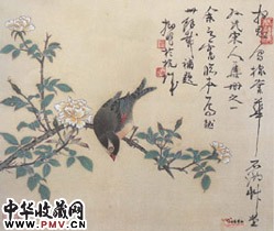 近现代陆抑非　相思鸟棣堂花