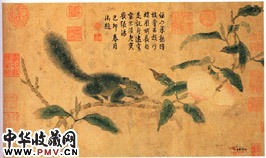 元钱选　桃枝松鼠图