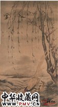 明汪肇    柳禽白鹇图轴