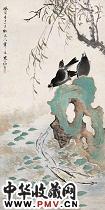 近现代江寒汀　八哥游鱼
