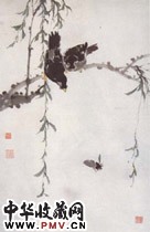 近现代江寒汀　柳荫双禽