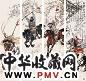谢志高 2005年作 三英战吕布 四屏 设色纸本