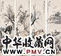 倪墨耕 人物花鸟 四屏 设色纸本