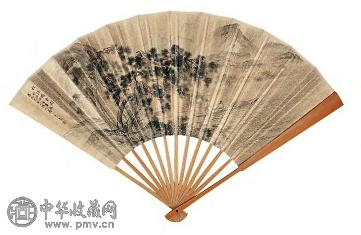 王心竟 甲申(1944年)作 松溪游舟图 成扇 设色泥金笺本