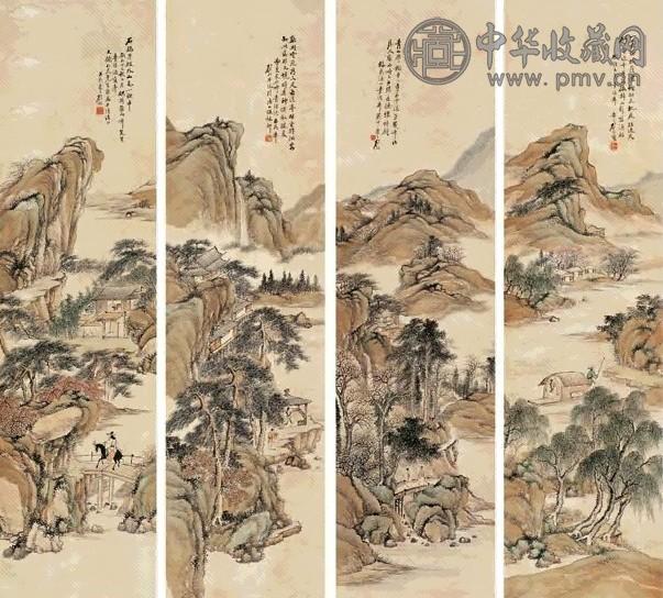 顾颐 丁巳(1917年)作 四季山水图 四屏 设色纸本