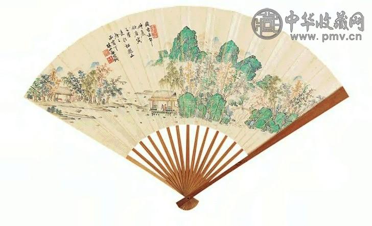 郑兆珣 1902年作 青绿山水 成扇 设色纸本
