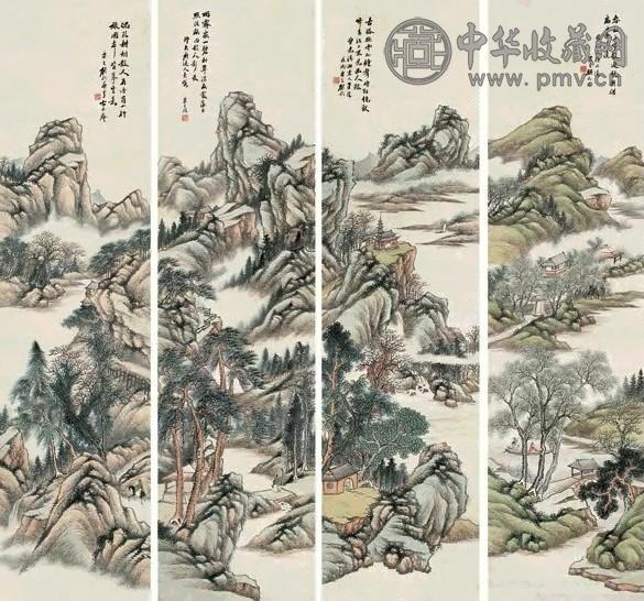 顾颐 临各家山水 四屏 设色纸本