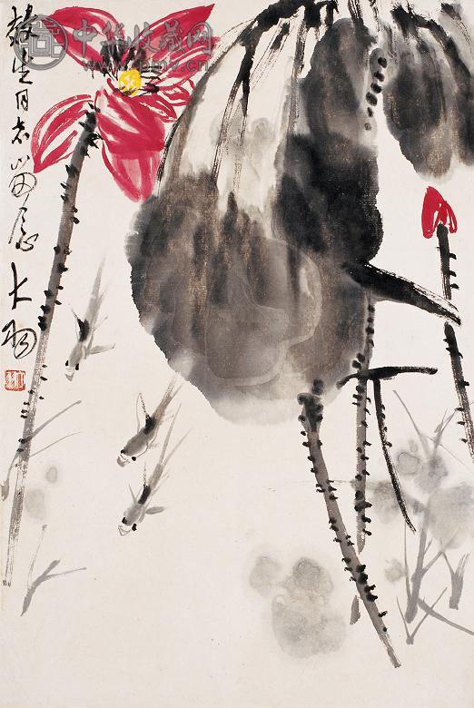 陈大羽 荷花小鱼 镜心 设色纸本