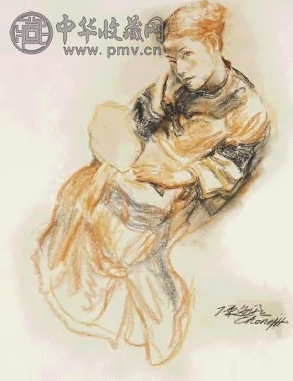 陈逸飞 人物 油画棒 纸本 框