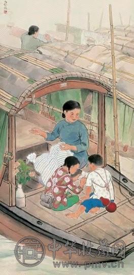 方人定 水上人家 立轴 设色纸本