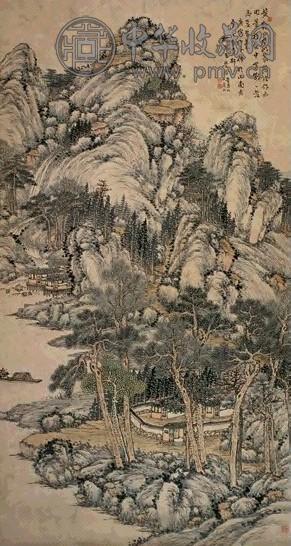 王学浩 1830年 林庭孤舟图 立轴 设色纸本