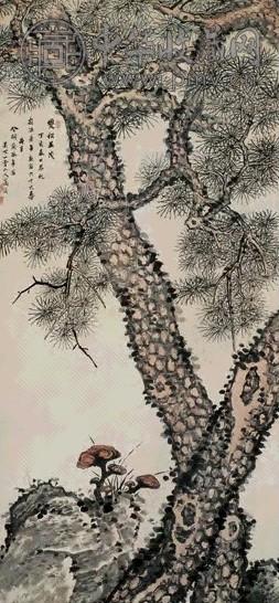 清 高简 双松灵芝 轴