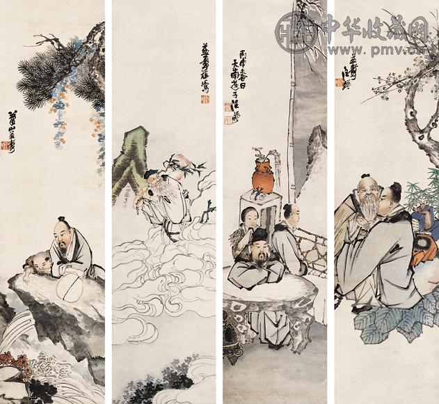 汪谦 1896年作 养生图 四屏 设色纸本