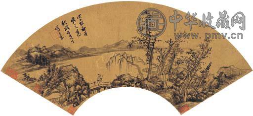 方以智 寒林秋居 扇面 水墨金笺