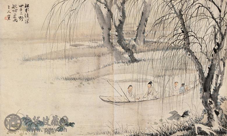 王小某 近代 野航图 立轴 设色纸本