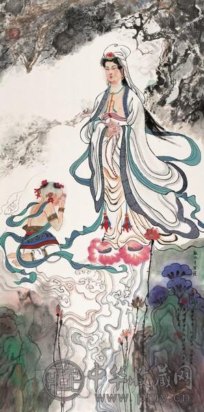 尼玛泽仁 童子拜观音 设色纸本
