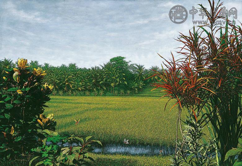 黄铭昌 2004年作 绿境红深(水稻田系列) 油彩 画布