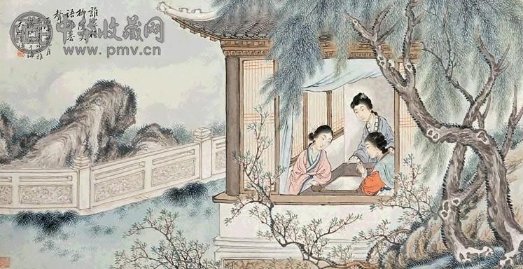 潘琪 春闺谐乐 横幅 设色纸本