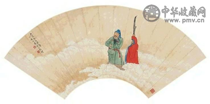 李凤公 义薄云天 扇面 设色纸本