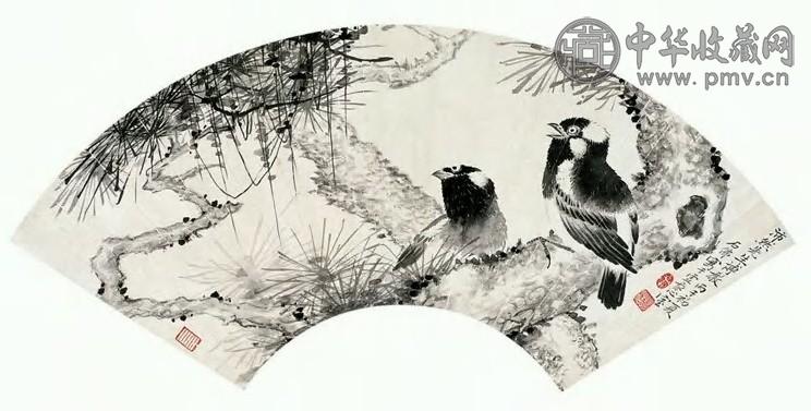赵浩 1936年 双禽 扇片 笺本水墨