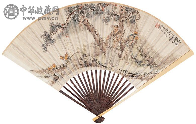 蒋洽 萧蜕 松鞠犹存图 行书 成扇 设色纸本