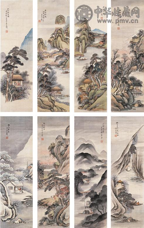 吴石僊 拟各家山水 八屏 设色绢本