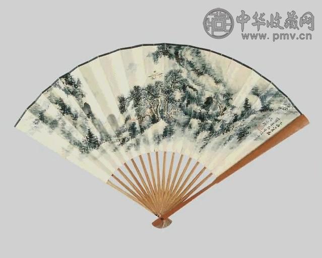 况维琦 山水 书法 成扇 纸本