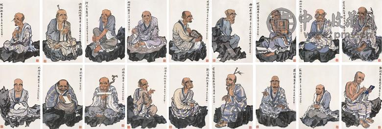 李少文 十八罗汉 立轴 设色纸本