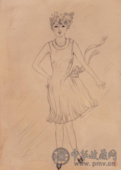 关紫兰 风中少女 纸上 素描 镜片