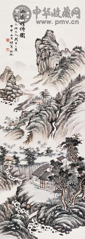 唐肯 山斋礼佛图 立轴 设色纸本
