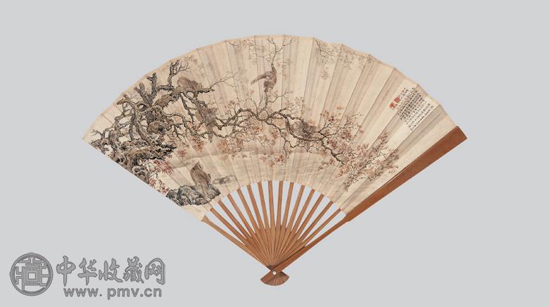 丁愚 李天桢 红叶猴戏 书法 成扇 纸本