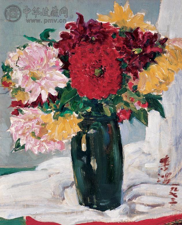 常书鸿 1973年作 大丽花 油彩 木版