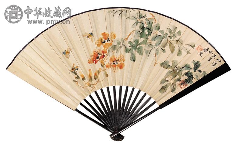 潘君诺 张子方 花卉 书法 成扇 设色纸本