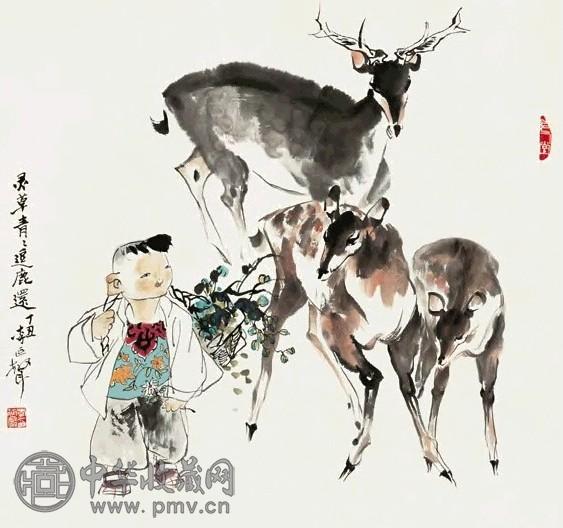 李延声 1981年作 牧鹿 轴 设色纸本