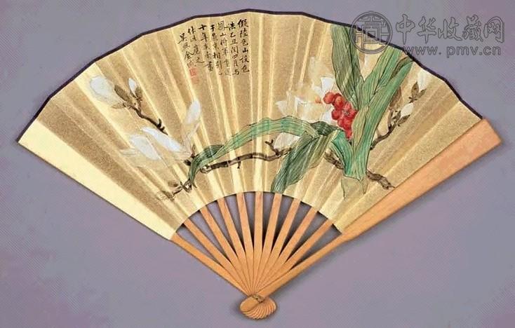 金城 1925年作 玉树常青图 扇面 设色金笺