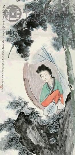 潘琳 桐荫仕女 立轴 设色纸本