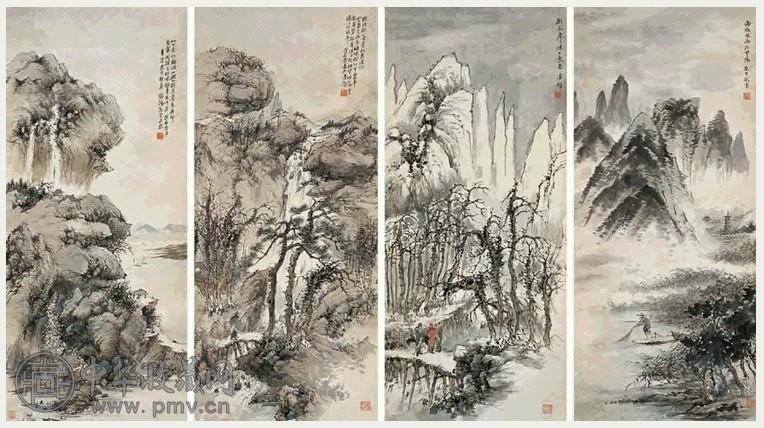潘韵 山水 四屏 设色纸本