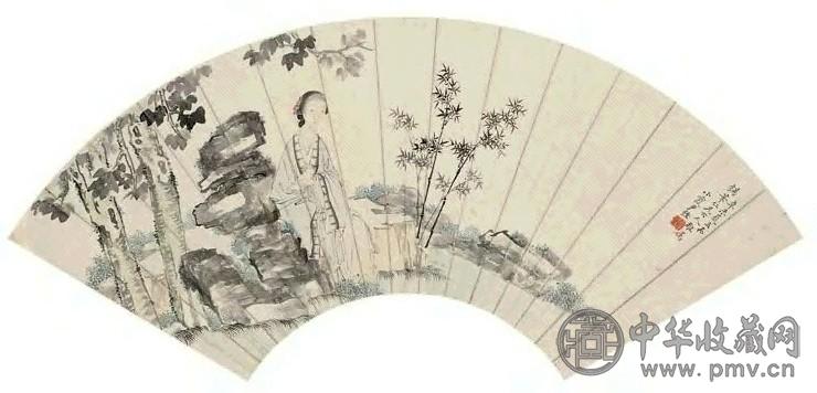 尹锡 1931年作 桐荫读书 扇面 设色纸本