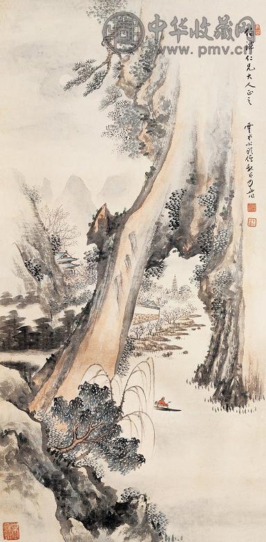 月舟 秋水归舟 立轴 设色纸本
