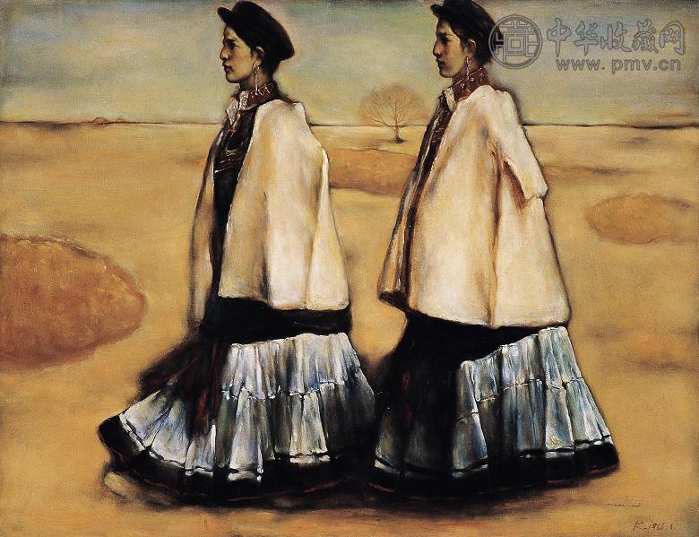 庞茂琨 1988年作 两个彝女 木版油画