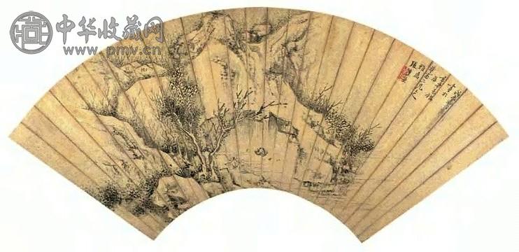张学曾 戊辰(1688年)作 洞壑观瀑图 扇面 水墨泥金笺本